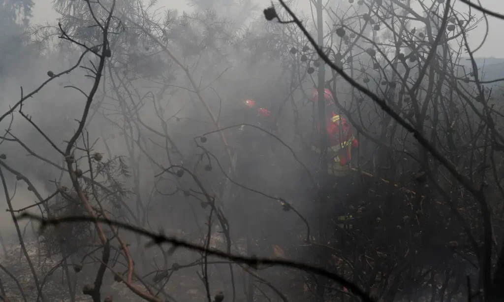 Bombeiros trabalham em incêndio florestal em Portugal